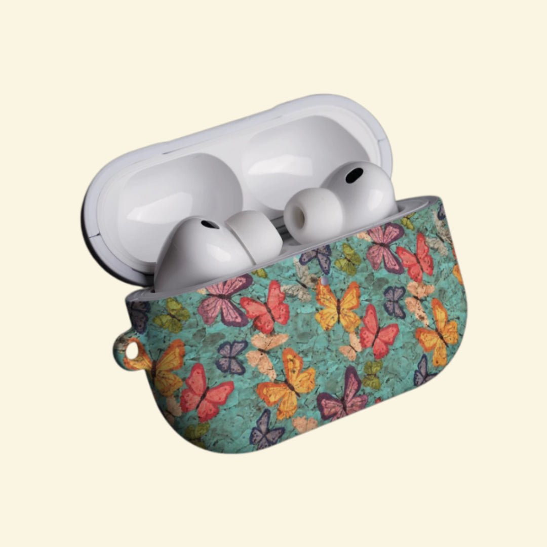 The Turquoise Papillon — Vintage Butterfly Cork Texture Hard Case for AirPods Pro 3 & AirPods 4 - Carapace StudioAirPods CaseCarapace StudioCarapace StudioAirPods Pro 3Turquoise Papillon AirPods case front view
