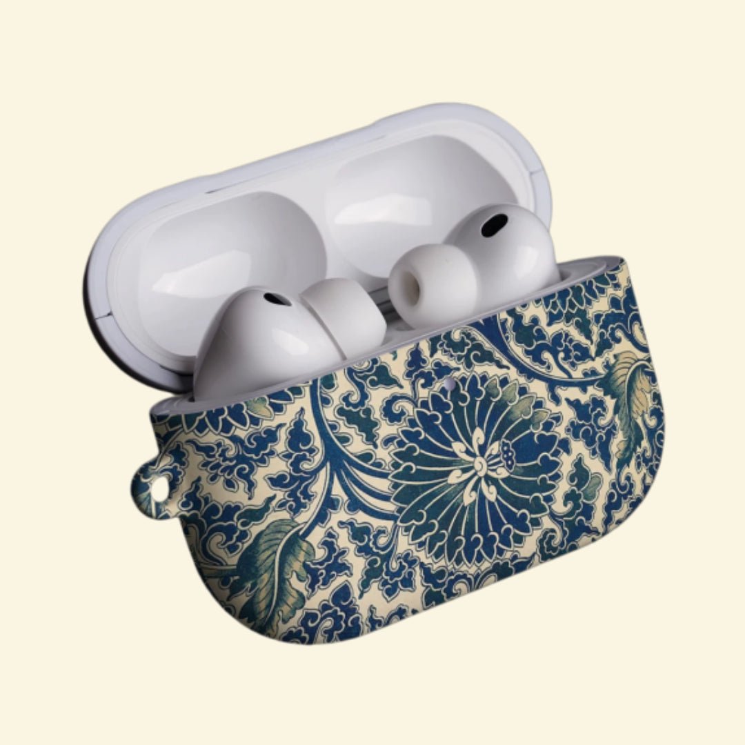 The Indigo Arabesque — Antique Porcelain & Botanical Damask Hard Case for AirPods Pro 3 & AirPods 4 - Carapace StudioAirPods CaseCarapace StudioCarapace StudioAirPods Pro 3Indigo Arabesque AirPods case with lid open