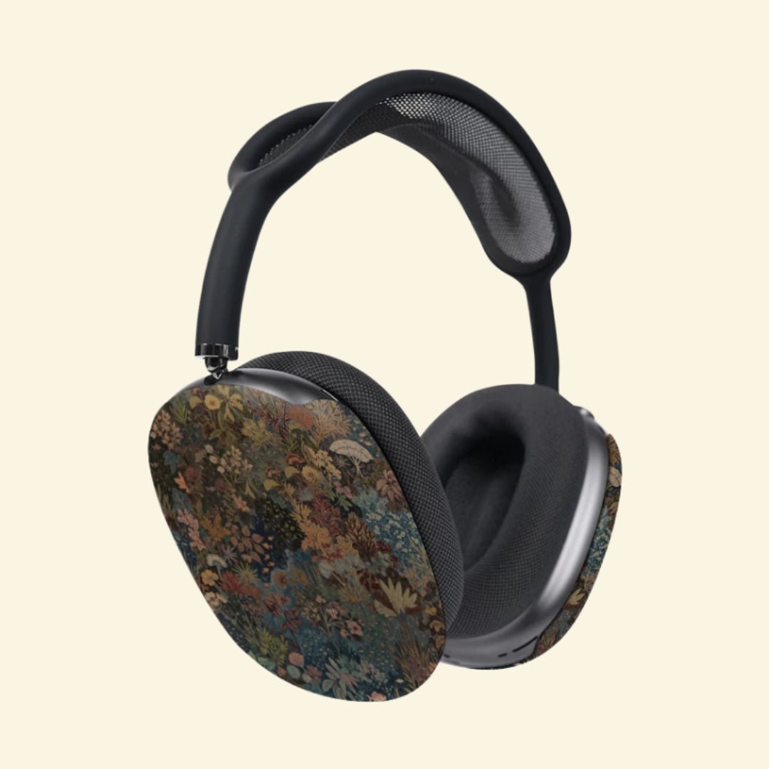 The Botanical Cabinet — Vintage Tapestry & Plant Study Ear Cup Enclosure for AirPods Max (1st & 2nd Gen) - Carapace StudioAirPods Max AccessoriesCarapace StudioCarapace StudioCS-129-SILVA-CURIOSITASThe Botanical Cabinet AirPods Max ear cup cover - close-up side view of botanical tapestry artwork