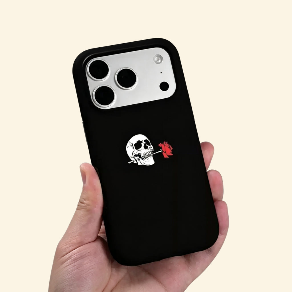 The Eternal Vow case – angled floating view showing minimalist skull and rose engraving on pitch-black matte