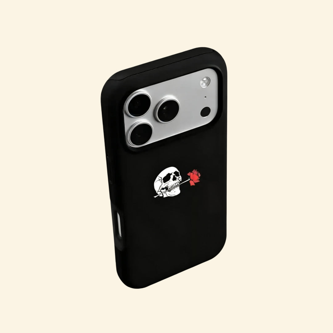 The Eternal Vow case – flat lay back and side profile showing full retro skeleton rose artwork and dual-layer matte black shell