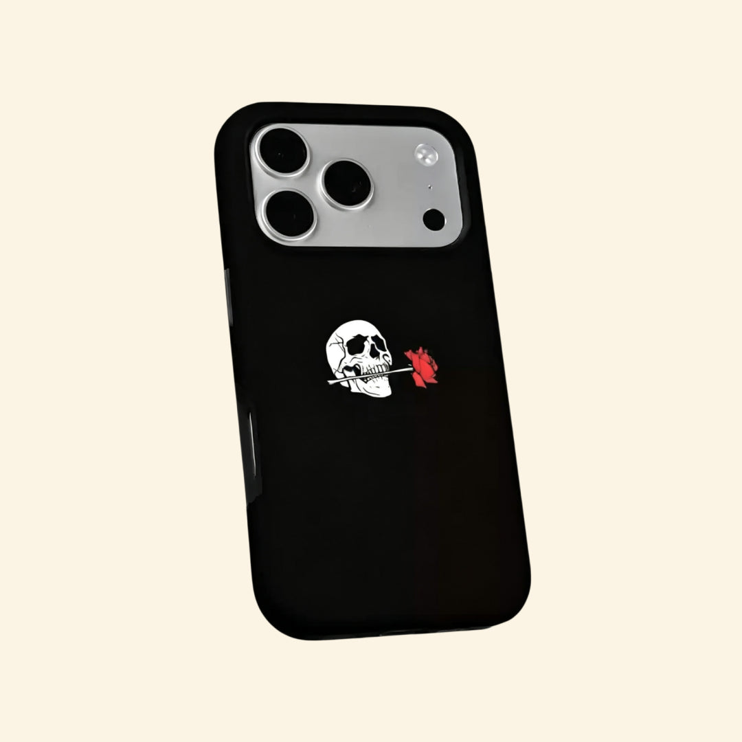 The Eternal Vow case – second angled floating view showing full skull and rose composition with camera island