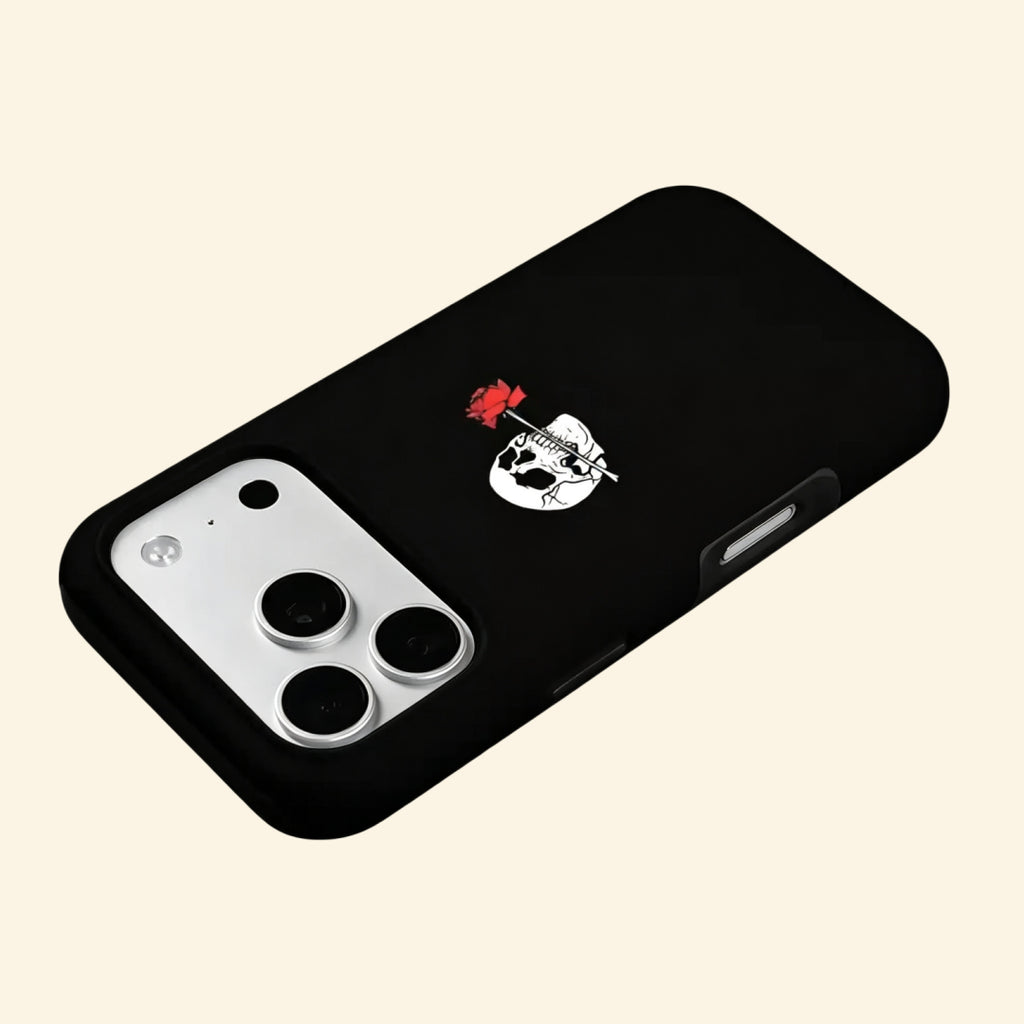 The Eternal Vow case – low-angle top-down floating view showing skull biting rose detail and camera module