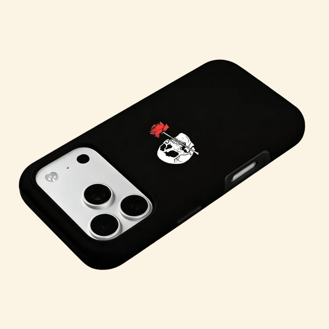 The Eternal Vow case – low-angle top-down floating view showing skull biting rose detail and camera module