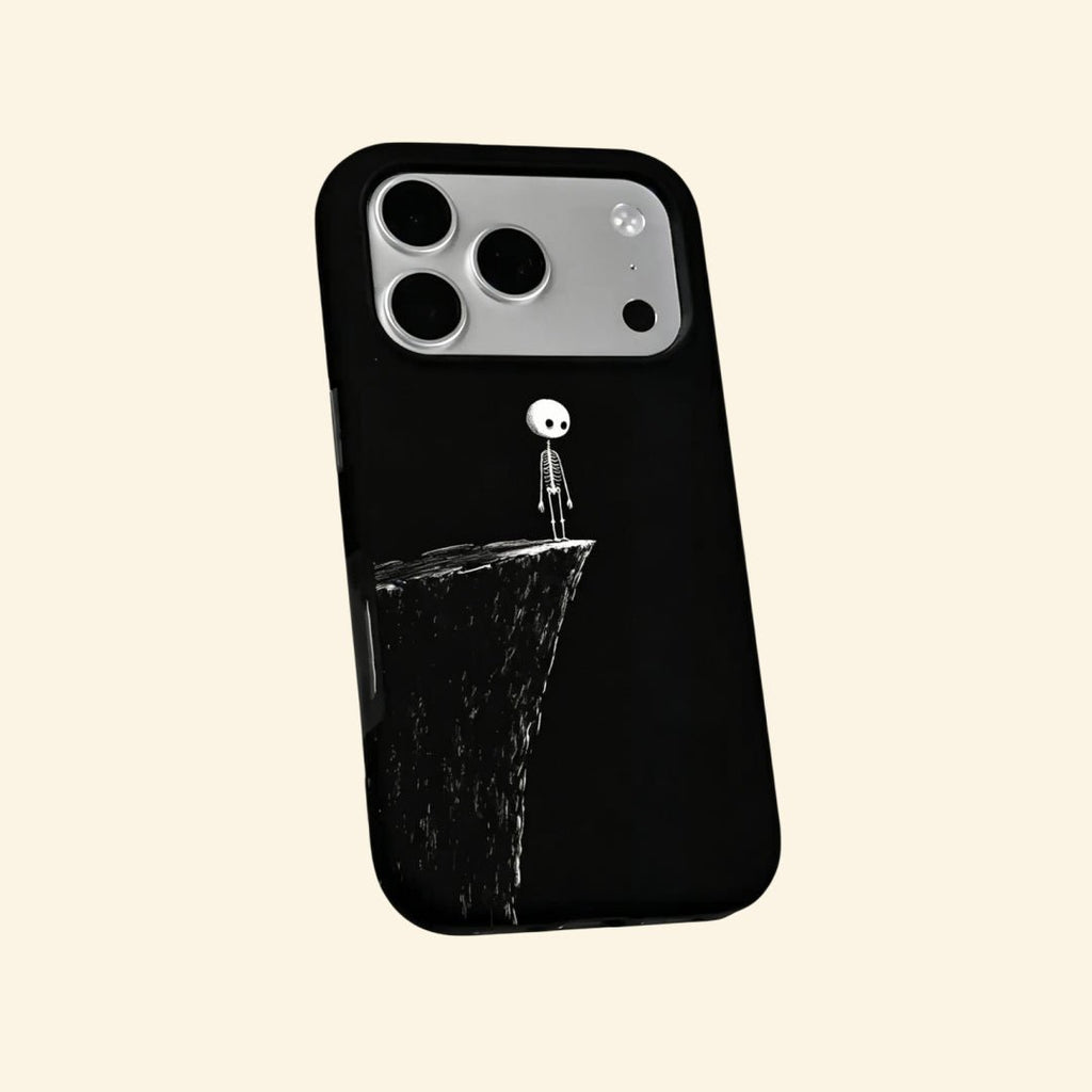 The Edge of Solitude – Whimsical Skeleton on Cliff Fine Art iPhone Case - Carapace StudioPhone CaseCarapace StudioCarapace StudioCS-5040-EDGE-SOLITUDE-5iPhone 16 Pro MaxThe Edge of Solitude case – flat lay back and side profile showing full whimsical skeleton cliff artwork and dual-layer matte black shell