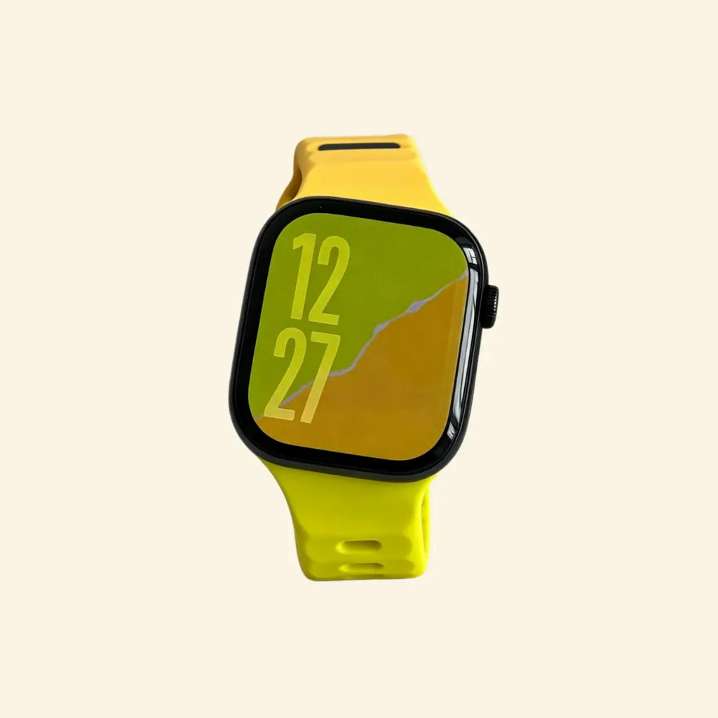 Volt Dual-Tone Apple Watch Band — front wrist view showing mustard and lime contrast