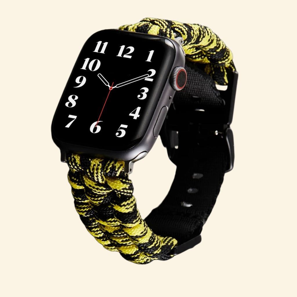 Hazard Yellow Paracord Braided Apple Watch Band — size comparison flat lay showing 38mm and 42mm variants on watch, Specimen No. 10111
