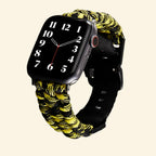 Hazard Yellow Paracord Braided Apple Watch Band — size comparison flat lay showing 38mm and 42mm variants on watch, Specimen No. 10111