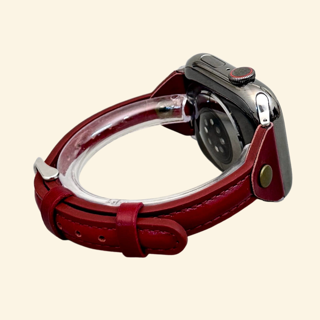 Crimson Burgundy Leather Band — rear sensor view with tang buckle on Apple Watch