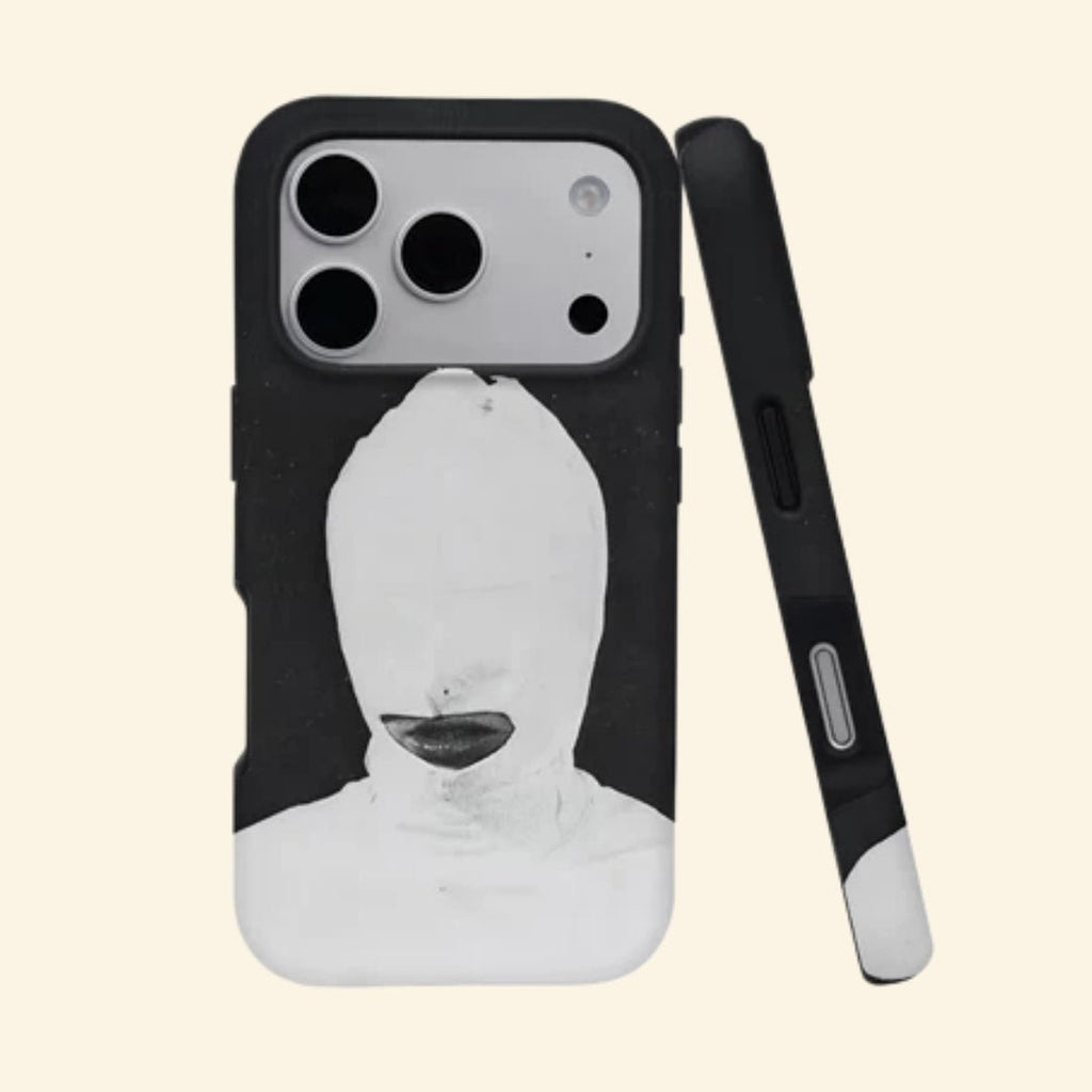 The Anonymous Form – Avant-Garde Balaclava Mask Fine Art iPhone Case - Carapace StudioPhone CaseCarapace StudioCarapace StudioCS-5141-ANONYMOUS-FORM-1iPhone 17 Pro MaxThe Anonymous Form case – flat lay top-down view showing white balaclava masked portrait with dark lip contouring on granular black canvas