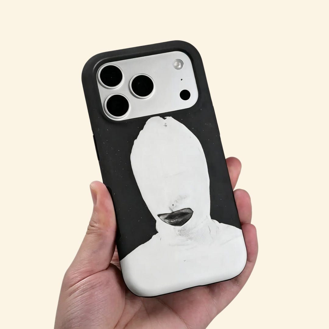 The Anonymous Form – Avant-Garde Balaclava Mask Fine Art iPhone Case - Carapace StudioPhone CaseCarapace StudioCarapace StudioCS-5141-ANONYMOUS-FORM-5iPhone 16 Pro MaxThe Anonymous Form case – front flat lay with side profile showing full monochrome balaclava portrait and dual-layer matte black shell