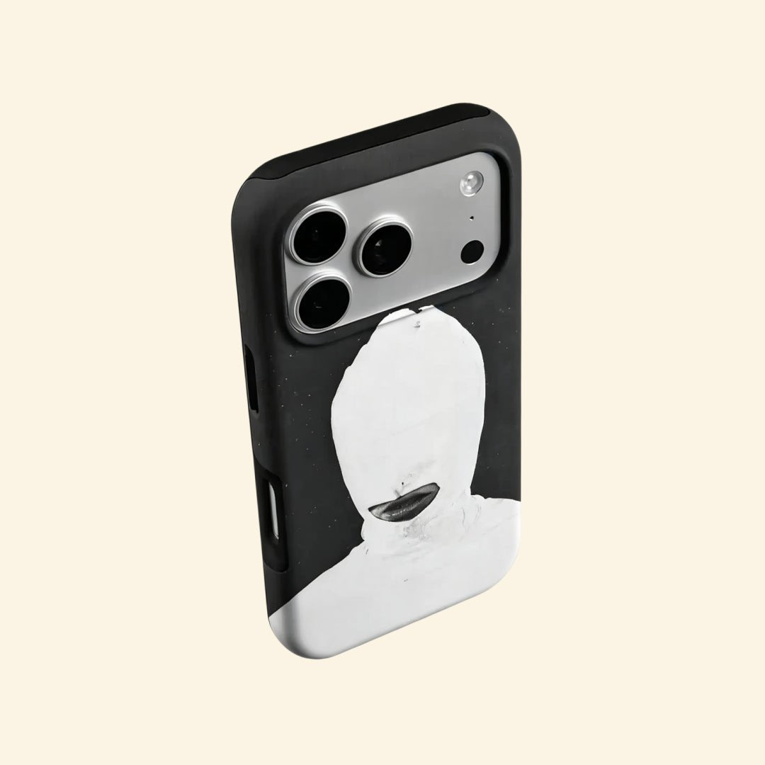 The Anonymous Form – Avant-Garde Balaclava Mask Fine Art iPhone Case - Carapace StudioPhone CaseCarapace StudioCarapace StudioCS-5141-ANONYMOUS-FORM-5iPhone 16 Pro MaxThe Anonymous Form case – hand-held lifestyle shot showing full white balaclava masked silhouette against deep dark canvas