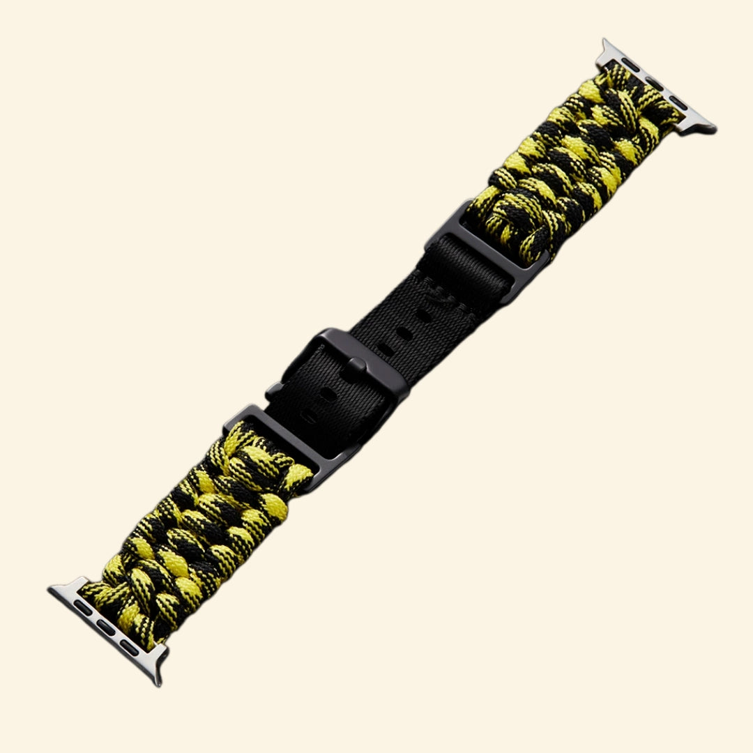Hazard Yellow Paracord Braided Apple Watch Band — angled side view on Apple Watch showing yellow-black braid texture, Specimen No. 10111