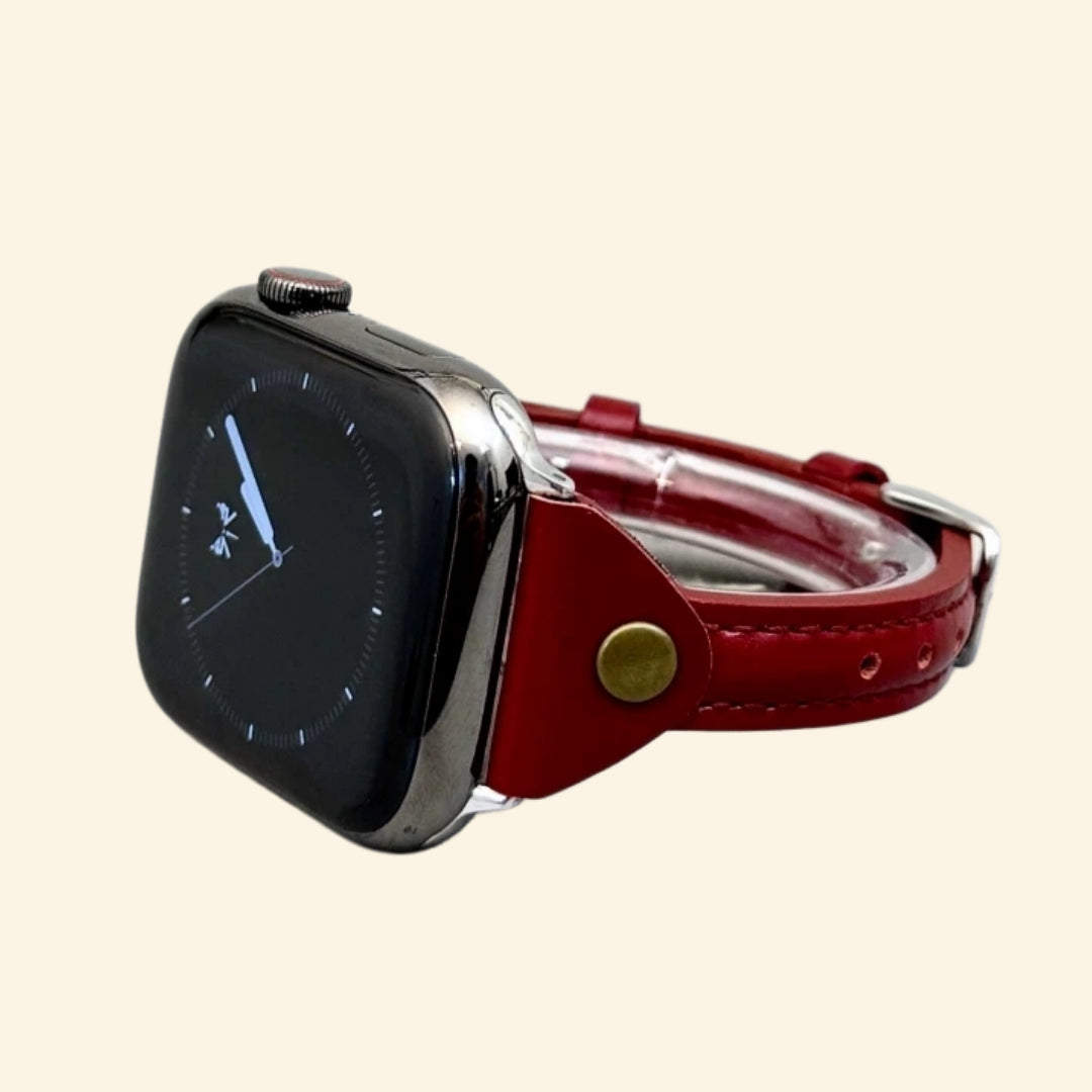 Crimson Burgundy Leather Band — angled side profile on Apple Watch