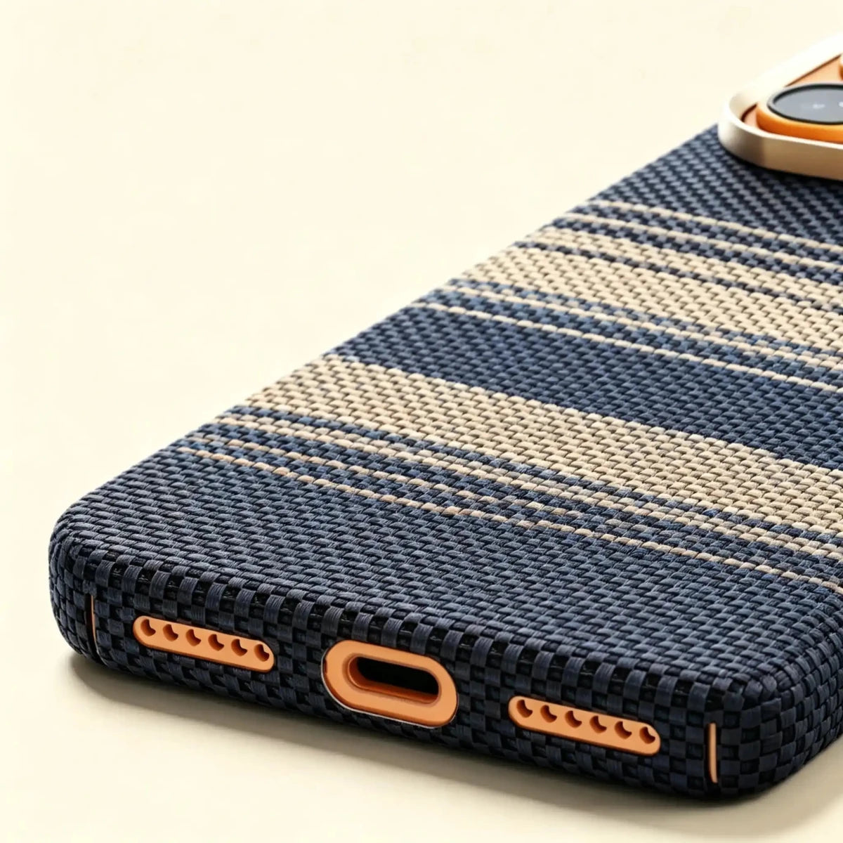 Specimen No. 10551 — Ocean Strata Gradient Aramid Case for iPhone - Carapace StudioiPhone CaseCarapace StudioCarapace StudioCS-10551-OCEAN-1iPhone 17 Pro MaxSpecimen No. 10551 Ocean Strata Aramid iPhone Case — bottom USB-C port detail, navy weave
