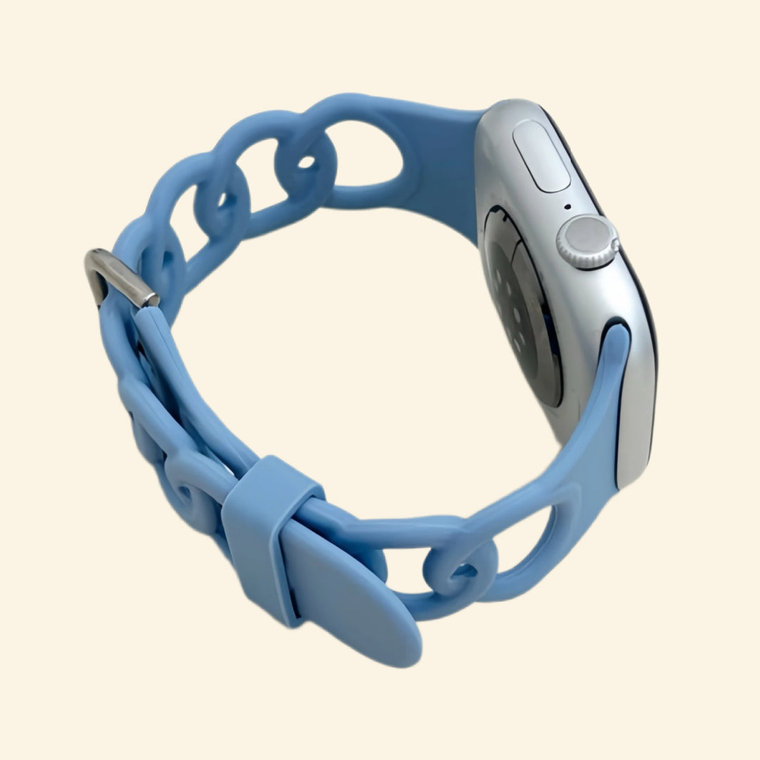 Slate Blue Cutout Chain Link Silicone Band — rear sensor view on Apple Watch