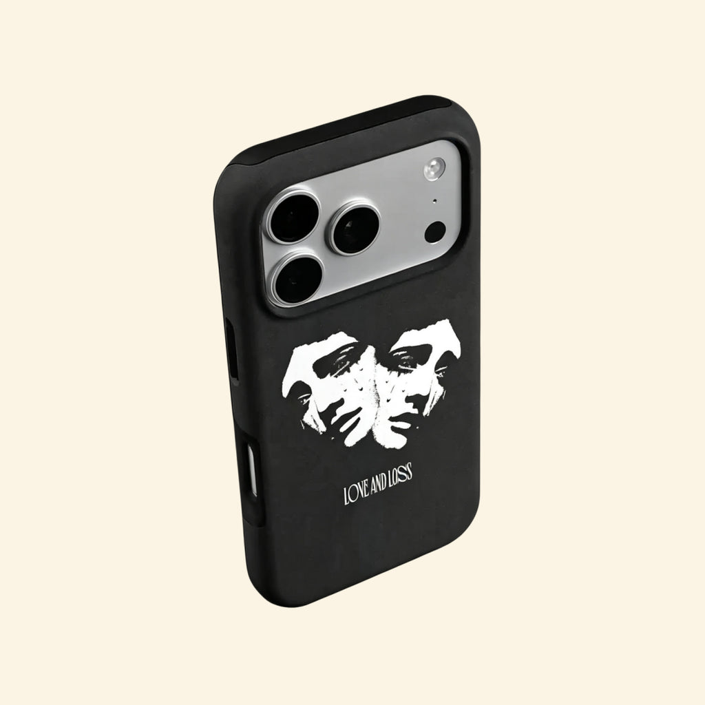 The Dual Tragedy case – flat lay back and side profile showing full dual crying statues artwork and dual-layer matte black shell