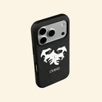 The Dual Tragedy case – flat lay back and side profile showing full dual crying statues artwork and dual-layer matte black shell