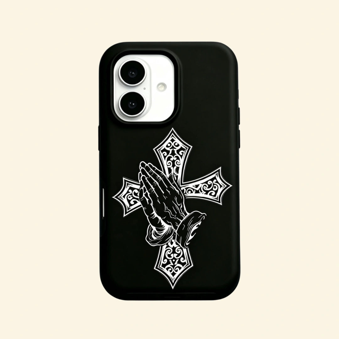 The Devotional Emblem – Gothic Ornate Cross & Praying Hands iPhone Case