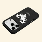 The Dual Tragedy case – second angled floating view showing expressive marble tear detail and razor-sharp gothic typography