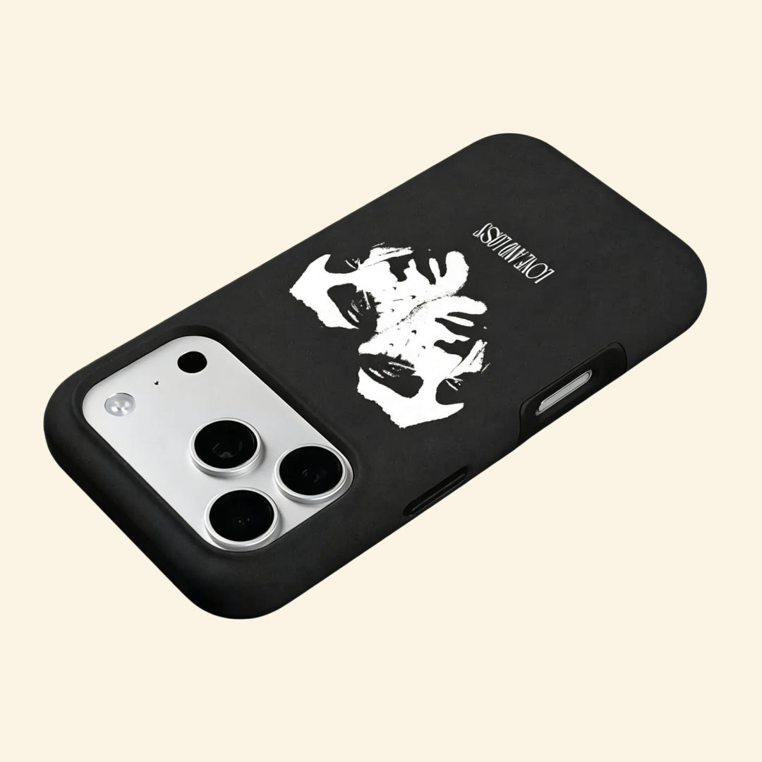 The Dual Tragedy case – second angled floating view showing expressive marble tear detail and razor-sharp gothic typography