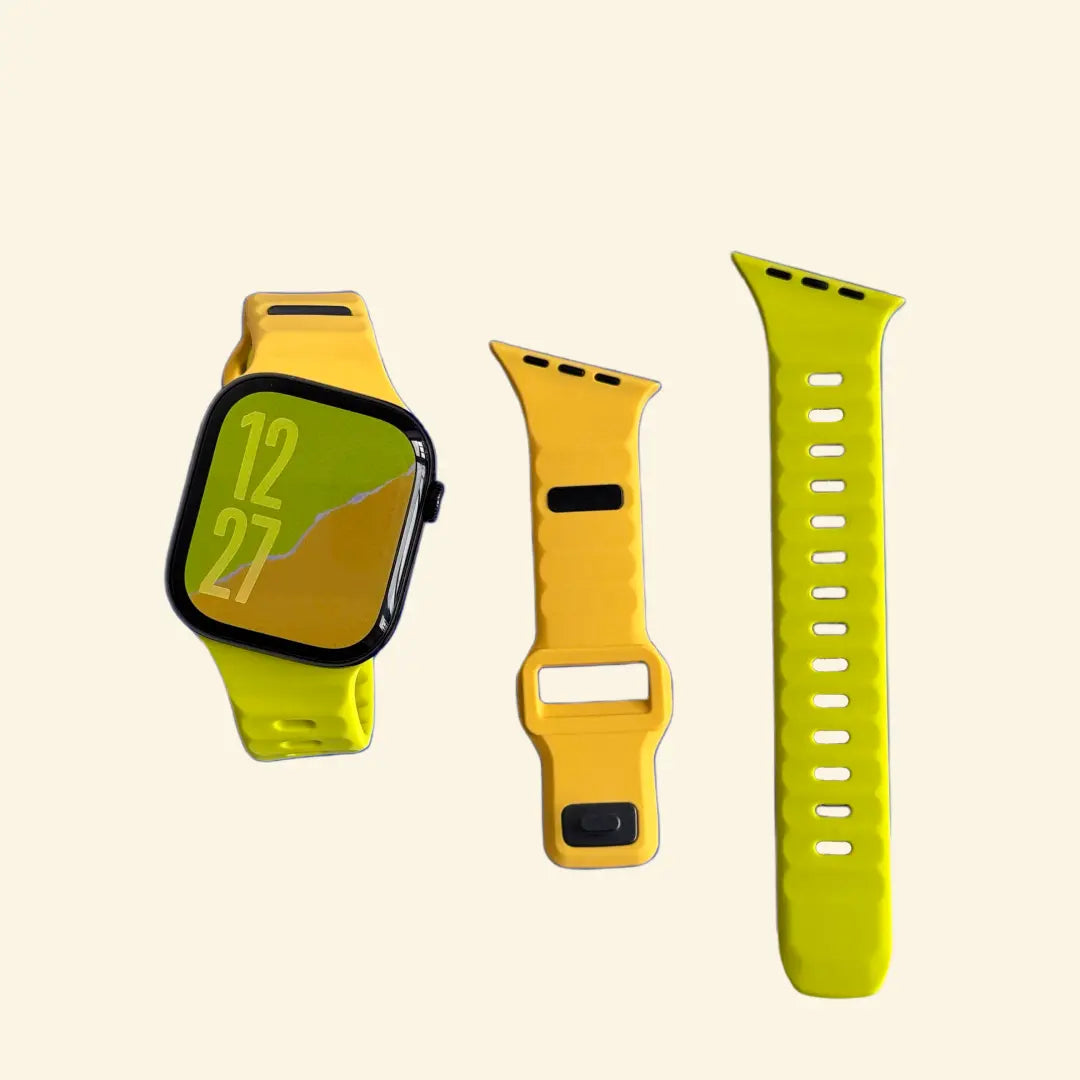 Volt Dual-Tone Apple Watch Band — watch with mustard and lime band, flat lay with components