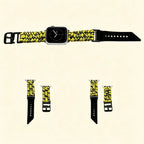 Hazard Yellow Paracord Braided Apple Watch Band — front-facing view on watch with high-contrast hazard pattern, Specimen No. 10111