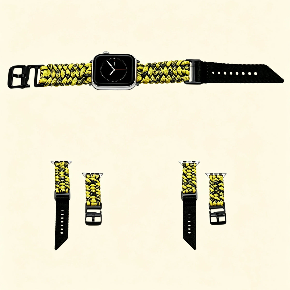 Hazard Yellow Paracord Braided Apple Watch Band — front-facing view on watch with high-contrast hazard pattern, Specimen No. 10111