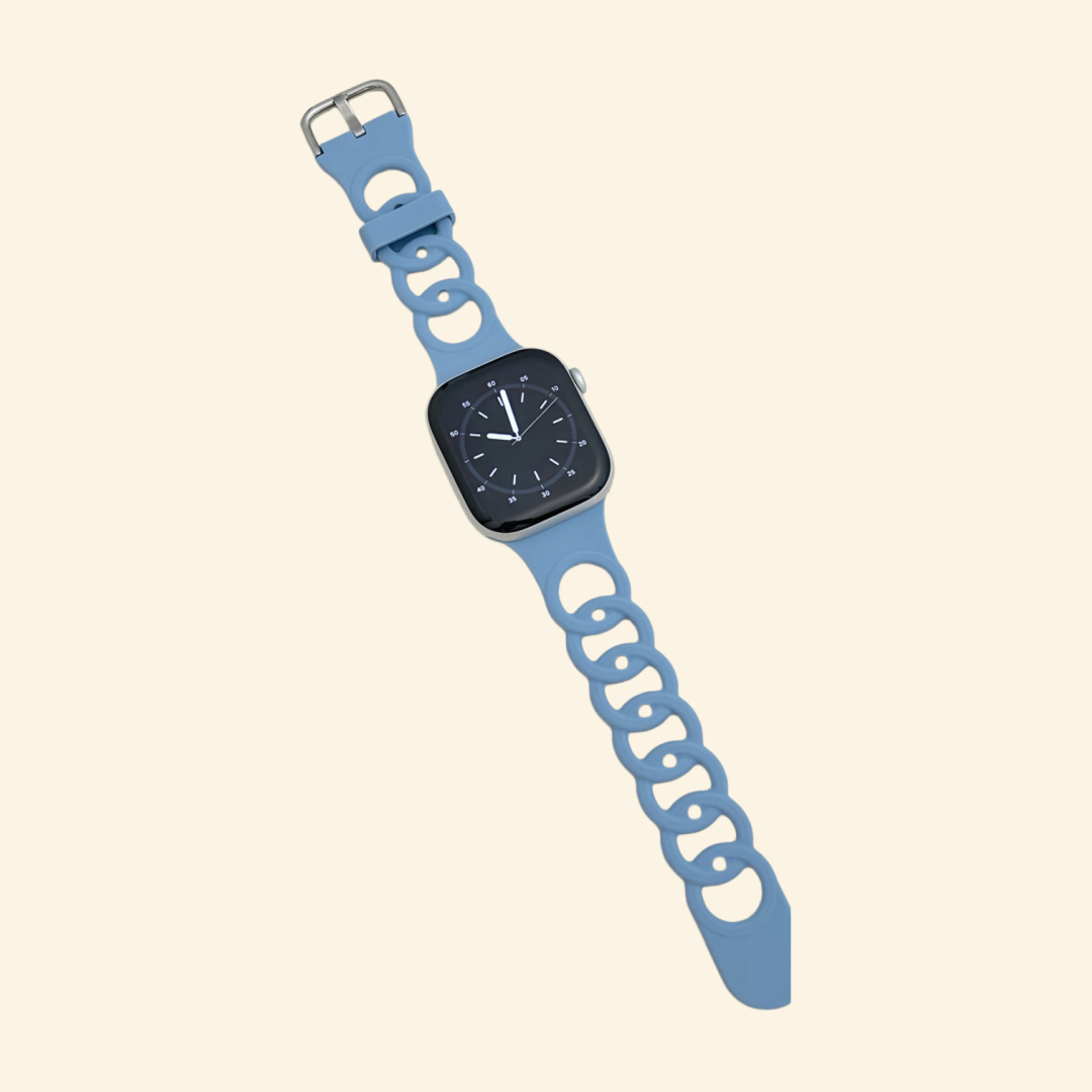 Slate Blue Cutout Chain Link Silicone Band — flat lay showing full strap length and chain link detail