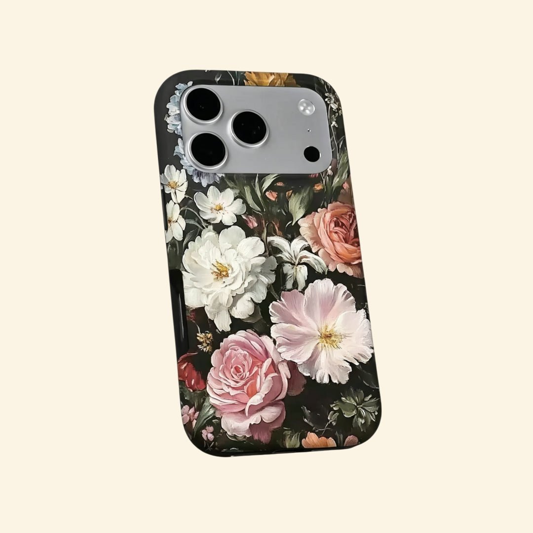 Vintage Dark Floral Oil Painting Fine Art Case for iPhone - Carapace StudioPhone CaseCarapace StudioCarapace StudioSPEC-5343-NOCTURNAL-BLOOM-5iPhone 16 Pro MaxVintage Dark Floral Oil Painting iPhone Case - angled flat lay