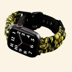 Hazard Yellow Paracord Braided Apple Watch Band — full band flat lay showing matte black buckle and lugs, Specimen No. 10111