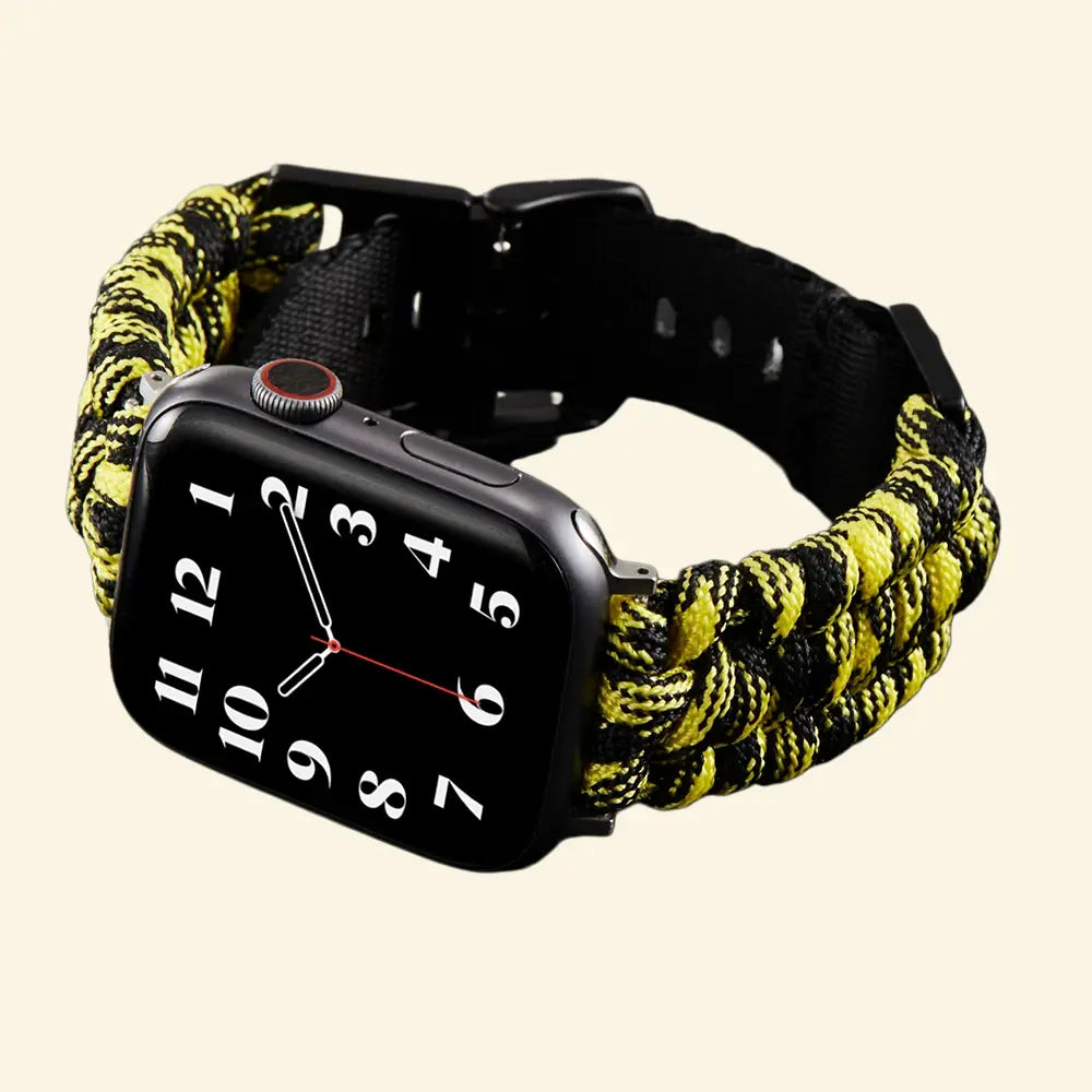 Hazard Yellow Paracord Braided Apple Watch Band — full band flat lay showing matte black buckle and lugs, Specimen No. 10111