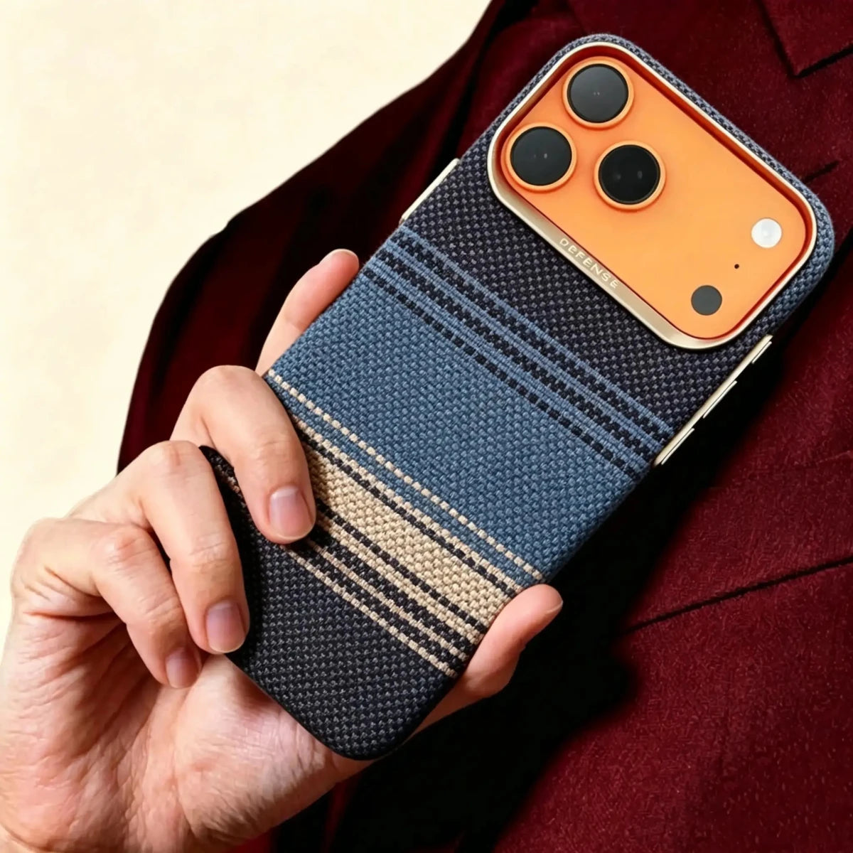 Specimen No. 10551 — Ocean Strata Gradient Aramid Case for iPhone - Carapace StudioiPhone CaseCarapace StudioCarapace StudioCS-10551-OCEAN-1iPhone 17 Pro MaxSpecimen No. 10551 Ocean Strata Aramid iPhone Case — lifestyle hand hold in burgundy suit