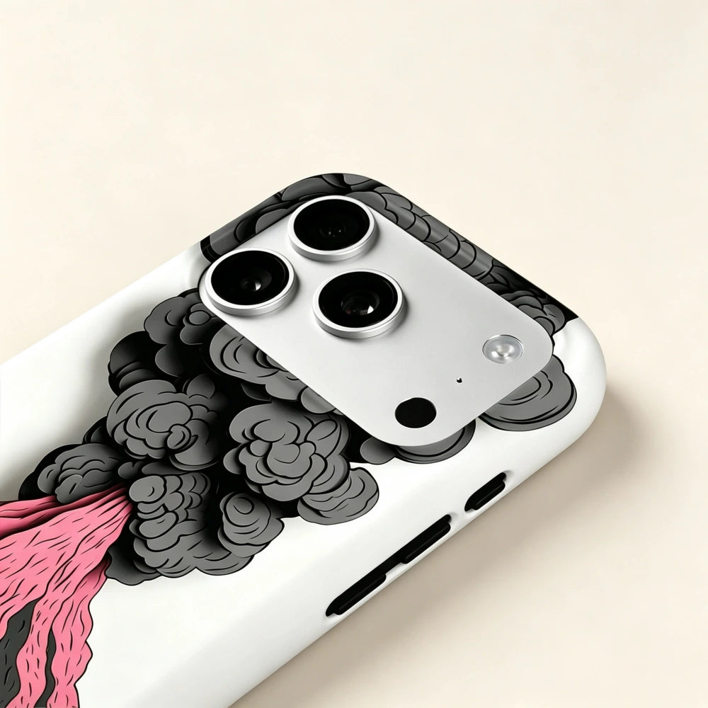 Volcanic Eruption MagSafe Phone Case – angled side view showing pink magma and smoke plume illustration