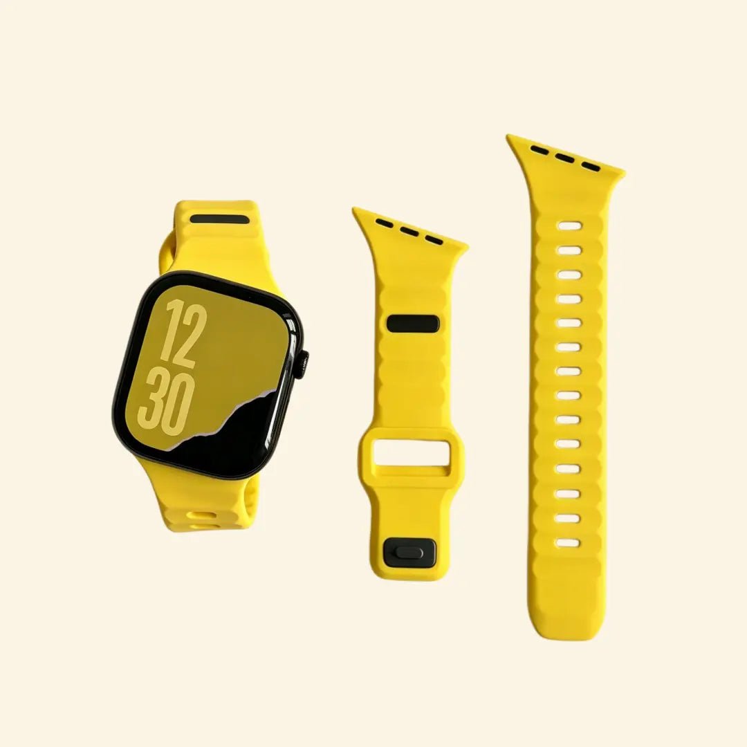 Solar Yellow Ocean Wave Silicone Apple Watch Band — Specimen No. 7412 - Carapace StudioApple Watch BandCarapace StudioCarapace StudioCS-7412-SLY-1Apple Watch Ultra 3 (49mm)Solar Yellow Ocean Wave Apple Watch Band — angled wrist view showing solar yellow tone