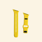Solar Yellow Ocean Wave Silicone Apple Watch Band — Specimen No. 7412 - Carapace StudioApple Watch BandCarapace StudioCarapace StudioCS-7412-SLY-1Apple Watch Ultra 3 (49mm)Solar Yellow Ocean Wave Apple Watch Band — flat lay with watch and yellow band components on cream background