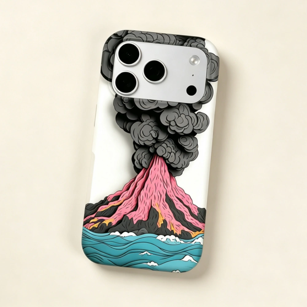 Volcanic Eruption MagSafe Phone Case – side angle showing ocean wave and lava flow detail