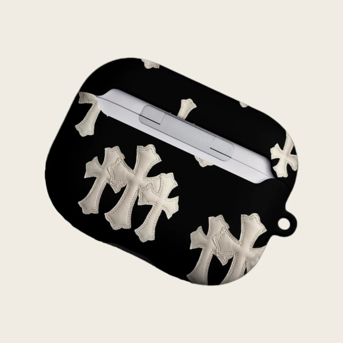 The Gothic Relic — Antique Leather Cross Patchwork Hard Case for AirPods Pro 3 & AirPods 4 - Carapace StudioAirPods CaseCarapace StudioCarapace StudioAirPods Pro 3Gothic Relic AirPods case open with earbuds