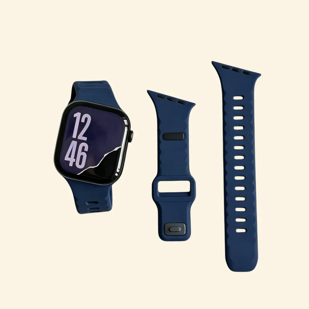 Abyssal Midnight Navy Ocean Wave Apple Watch Band — flat lay with watch and band components on cream background