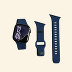 Abyssal Midnight Navy Ocean Wave Apple Watch Band — flat lay with watch and band components on cream background
