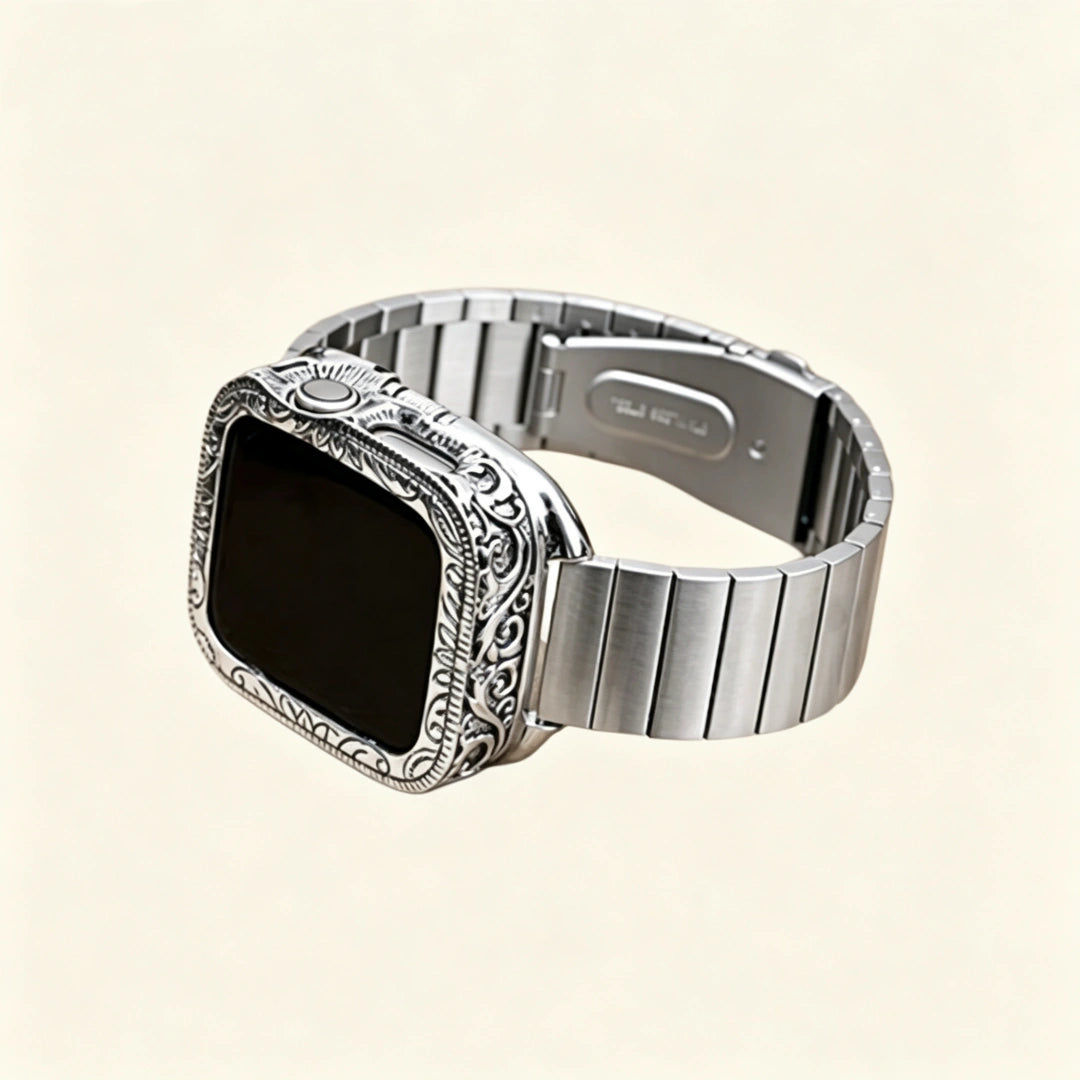 Baroque Archival Suite — full set on Apple Watch, silver engraved case with link band