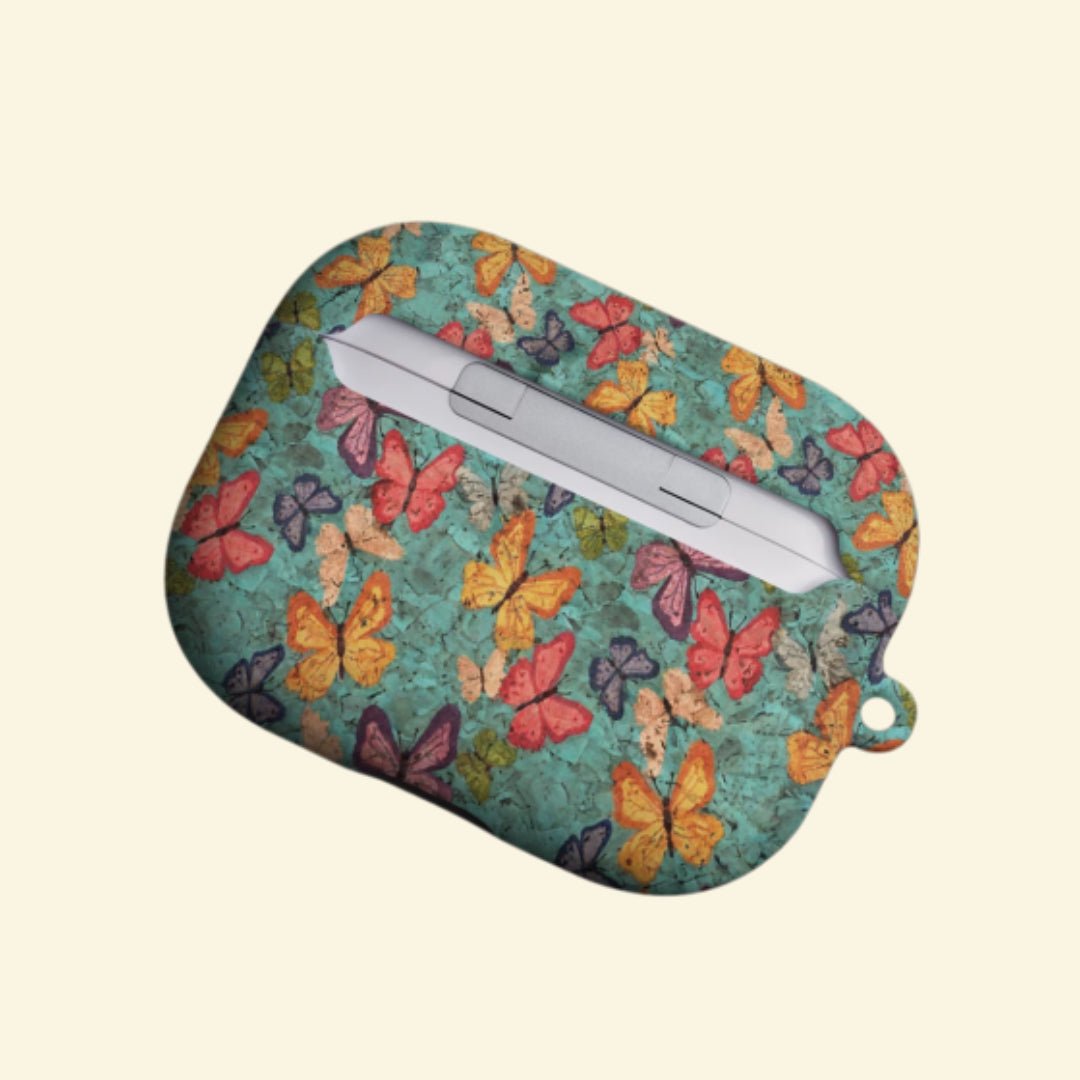 The Turquoise Papillon — Vintage Butterfly Cork Texture Hard Case for AirPods Pro 3 & AirPods 4 - Carapace StudioAirPods CaseCarapace StudioCarapace StudioAirPods Pro 3Turquoise Papillon AirPods case top view