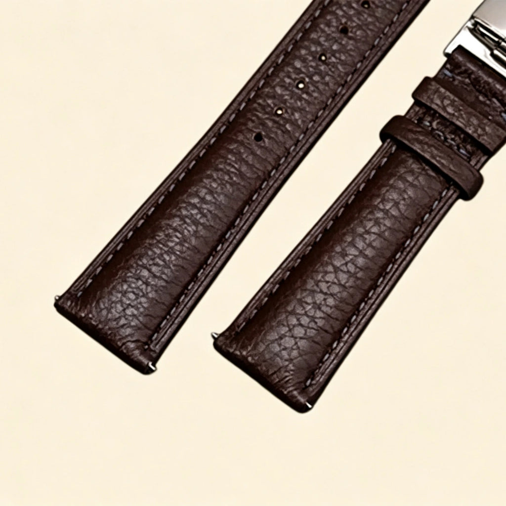 Dark espresso brown leather Apple Watch strap — close-up showing stainless steel butterfly deployment clasp fully open, wing mechanism and strap keeper detail