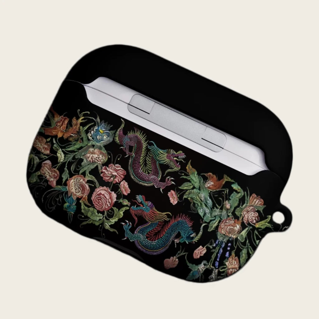 The Imperial Dragon — Vintage Dragon & Botanical Embroidery Hard Case for AirPods Pro 3 & AirPods 4 - Carapace StudioAirPods CaseCarapace StudioCarapace StudioAirPods Pro 3Imperial Dragon AirPods case with lid open
