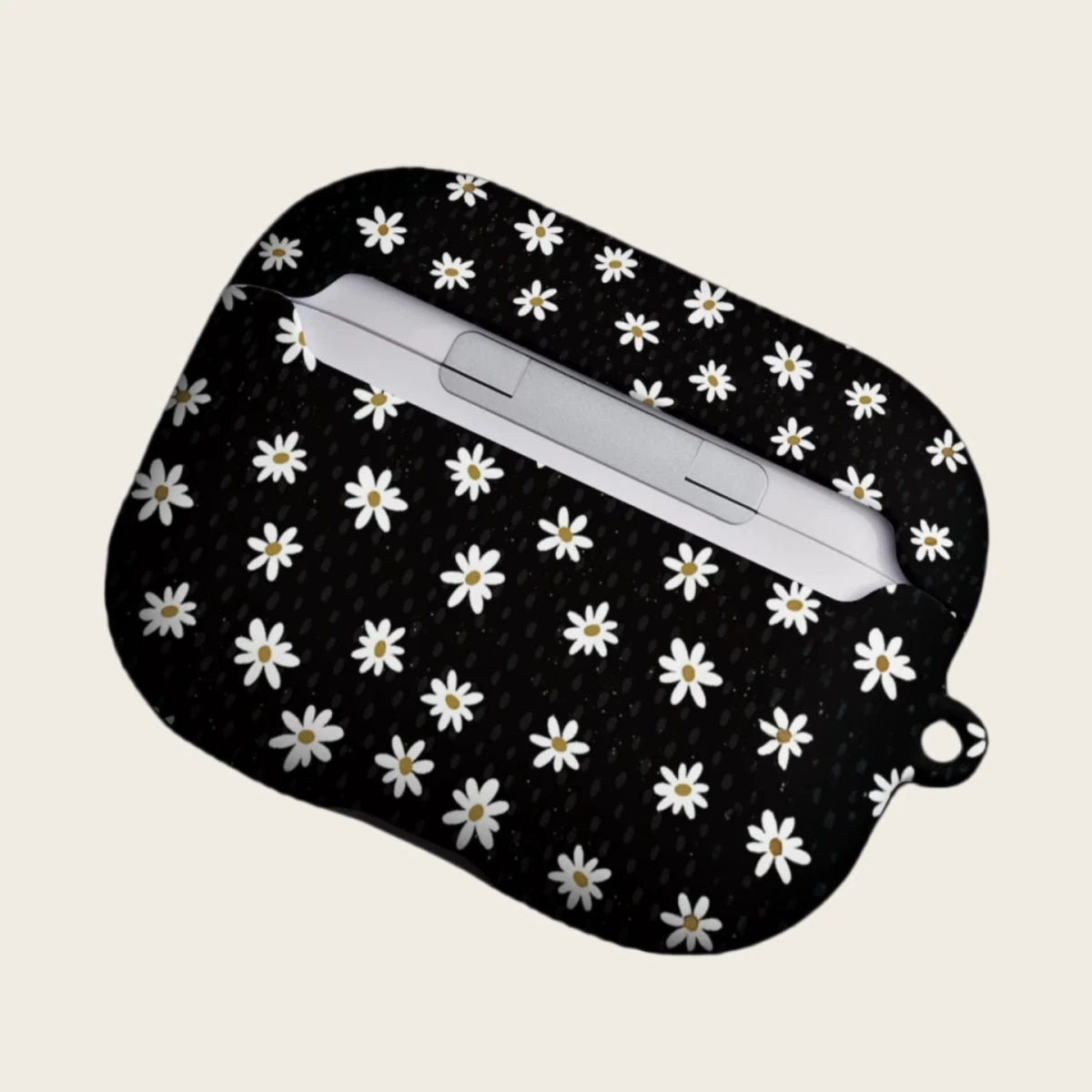 The Obsidian Daisy — Vintage White Floral Pattern Hard Case for AirPods Pro 3 & AirPods 4 - Carapace StudioAirPods CaseCarapace StudioCarapace StudioAirPods Pro 3Obsidian Daisy AirPods case top view