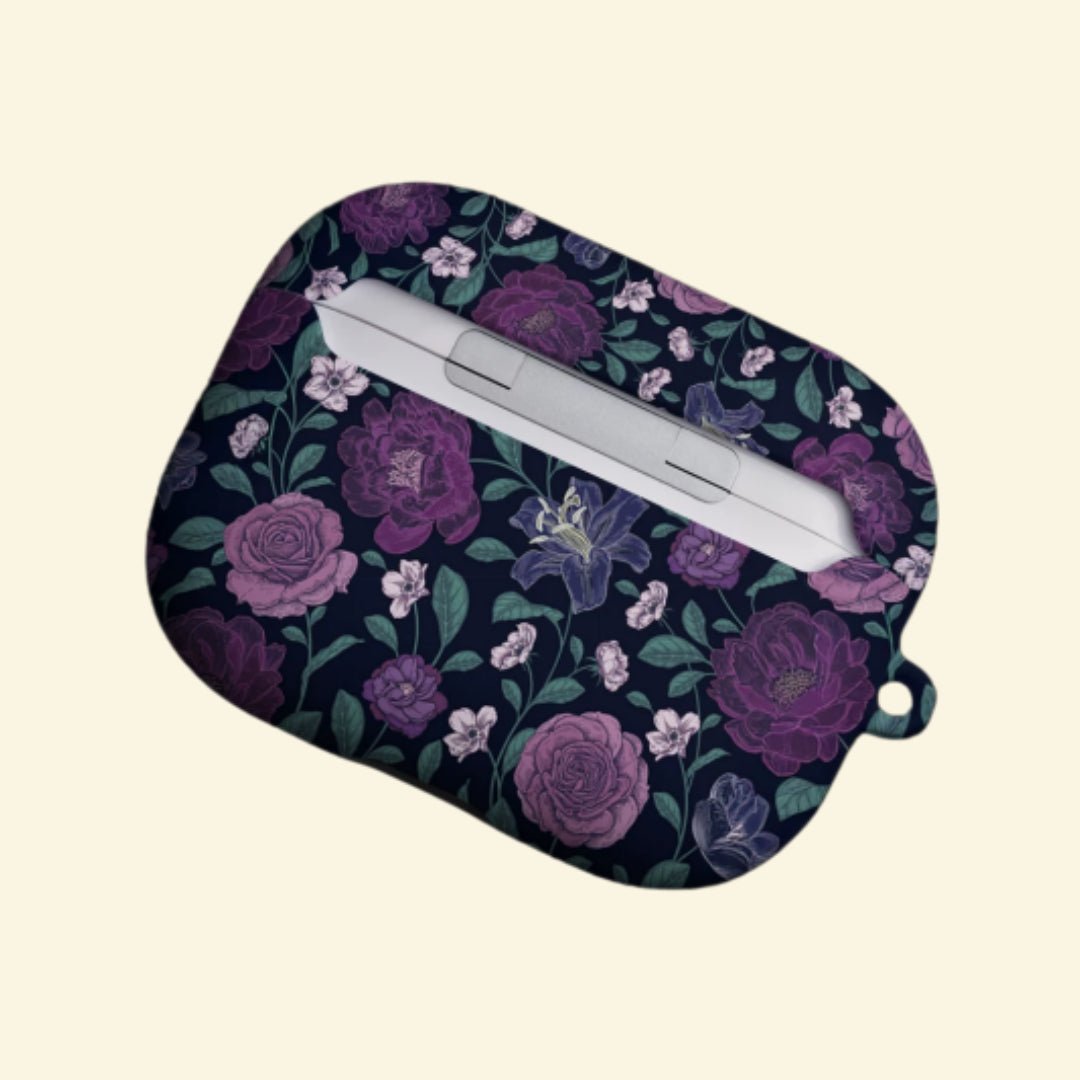 The Midnight Lily — Vintage Gothic Purple Botanical Hard Case for AirPods Pro 3 & AirPods 4 - Carapace StudioAirPods CaseCarapace StudioCarapace StudioAirPods Pro 3Midnight Lily AirPods case open with earbuds