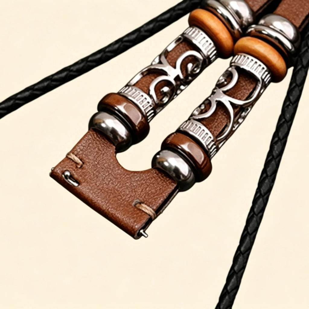Amber brown leather Apple Watch strap lug connector — angled close-up showing filigree silver metallic tube sliders, wooden disc beads, hematite beads, and cognac leather quick-release lug with black braided cord, cream background