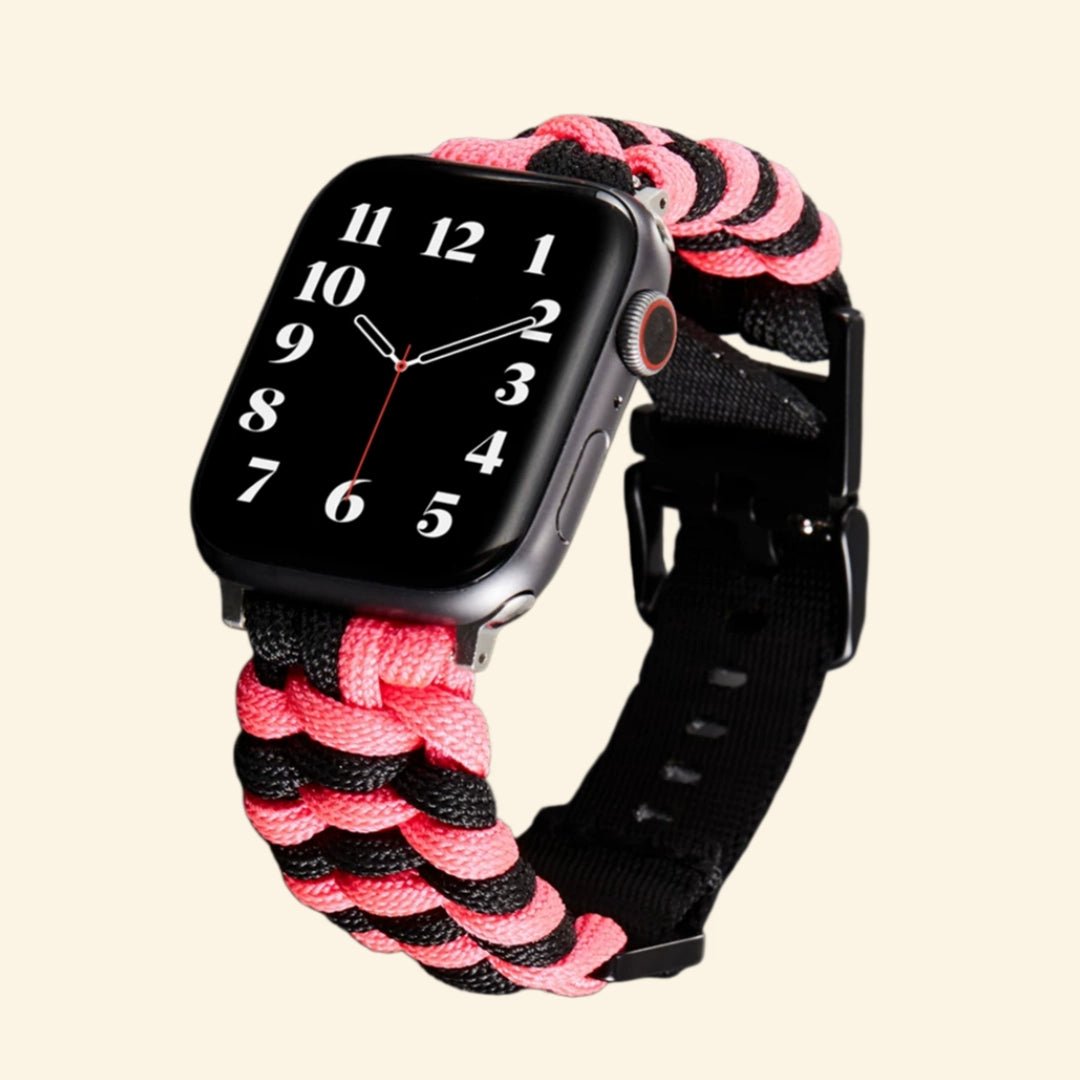 Hot Pink Paracord Braided Band for Apple Watch — Specimen No. 10112 - Carapace StudioApple Watch BandCarapace StudioCarapace StudioCS-10112-PCRD-HPK-AW-1Apple Watch Ultra 3 (49mm)Hot Pink Paracord Braided Apple Watch Band — full band flat lay showing hot pink and black braid with matte black buckle, Specimen No. 10112