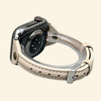 Oatmeal Cream Leather Band — rear sensor view with tang buckle on Apple Watch