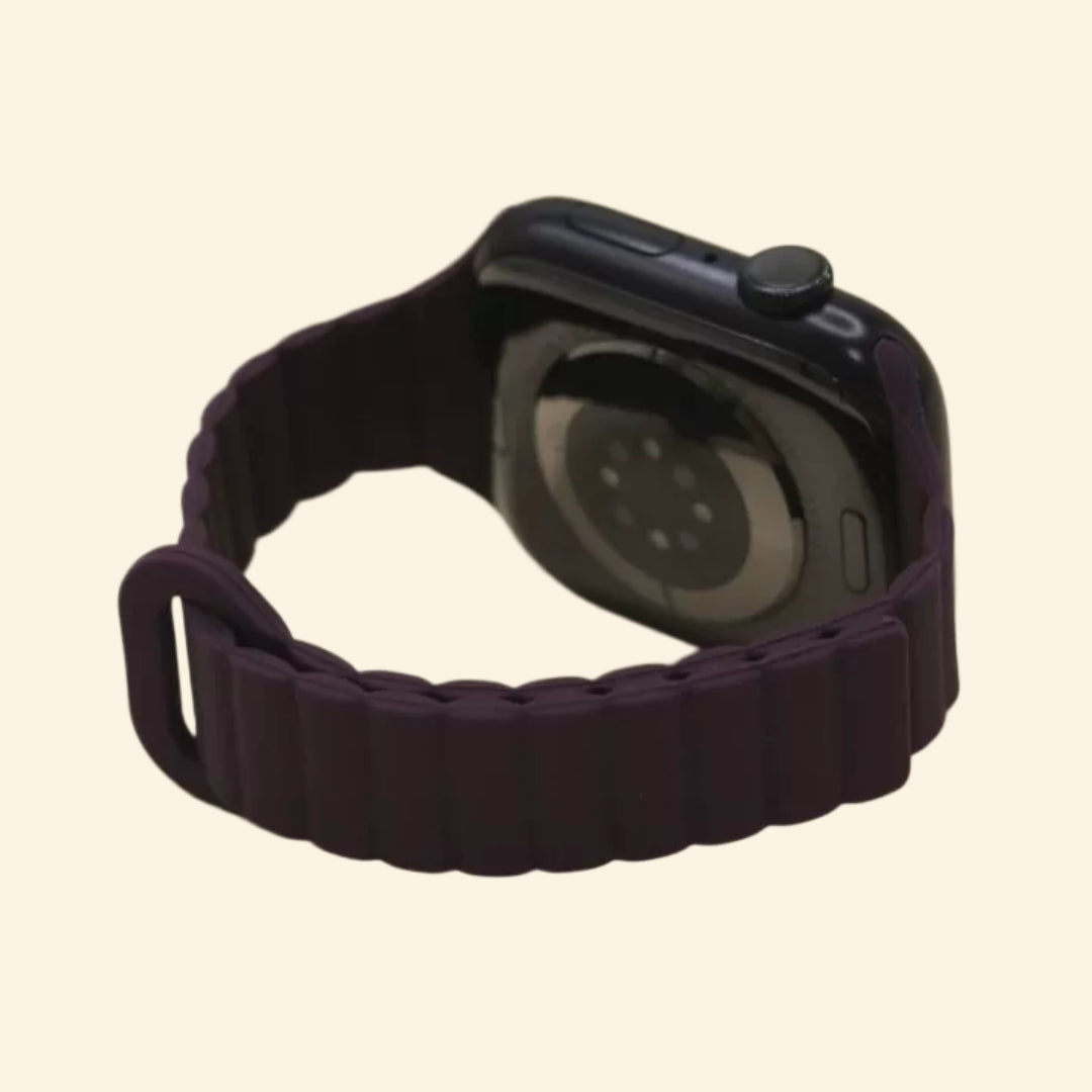 Deep Eggplant Magnetic Silicone Band — rear sensor view on Apple Watch